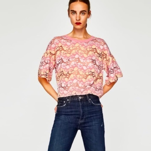 Zara Pink Lemonade Cropped Lace Top Ruffled Sleeves Popover Blouse Small - Picture 1 of 15